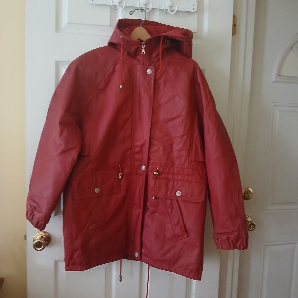 Fashion Elements Coat Women XL Red 100% Leather Casual Hooded Motorcycle 90's - Picture 2 of 16